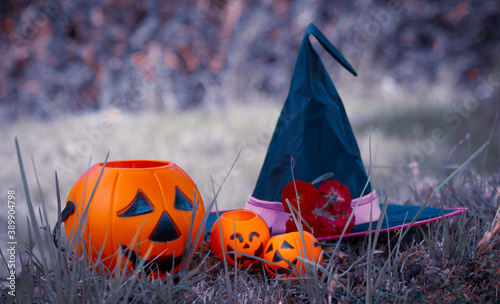 Cuadros en Lienzo paisaje con calabazas de halloween y sombrero de bruja sobre fondo morado