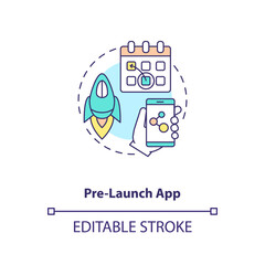 Pre launch app concept icon. App marketing tips. Production before assigned date. Demo version of application idea thin line illustration. Vector isolated outline RGB color drawing. Editable stroke