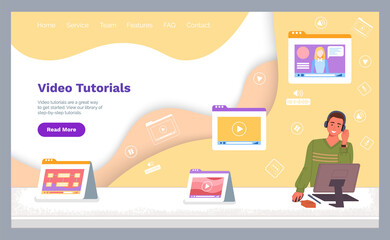 Poster - Landing page web site with video tutorials. Man in headphones at the computer, notepad stickers. Girl on the screen of device is conducting a webinar. Website with video tutorials. Flat image