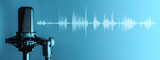 Fototapeta  - Microphone with waveform on blue background, broadcasting or podcasting banner