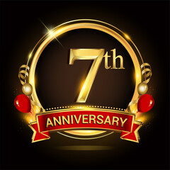 7th anniversary logo with golden ring, balloons and red ribbon. Vector design template elements for your birthday celebration.