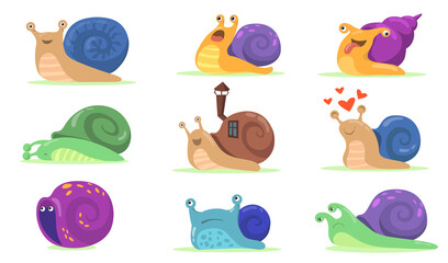 Wall Mural - Funny snail characters flat set for web design. Cartoon snailfish, slug or snail-like mollusk with shell house isolated vector illustration collection. Mascot and animals concept