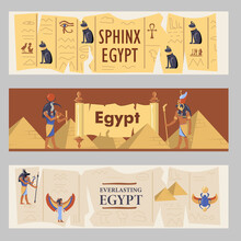 Egypt Banners Set. Egyptian Pyramids, Cats And Gods Vector Illustrations With Text. Templates For Travel Flyers Or Brochures