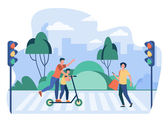 Poster - Pedestrians breaking traffic rules. People using cell, riding scooter on crosswalk flat vector illustration. Road safety, warning concept for banner, website design or landing web page