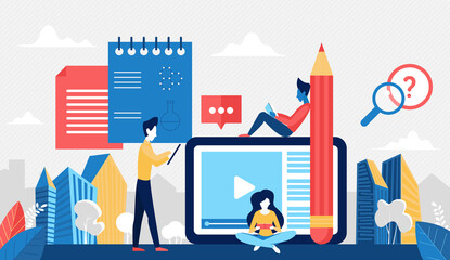Poster - Digital science education concept vector illustration. Cartoon student people using mobile device, reading scientific books or ebooks for data analysis research and test, studying process background