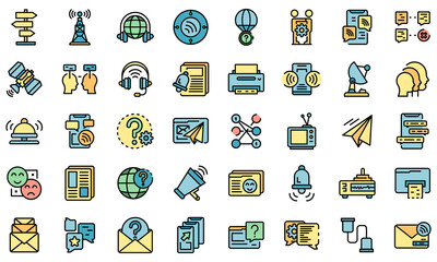 Sticker - Communication icons set. Outline set of communication vector icons thin line color flat on white