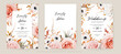 Vector floral autumn wedding invite card template set. Lush fall leaves, blush peach, pink and ivory roses, white anemone flowers bouquet decorative watercolor style stylish frame. Editable & isolated