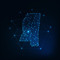 Wall Mural - mississippi state usa map glowing silhouette made of stars lines triangles, low polygonal shapes.