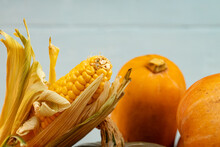 Pumpkins And Ear Of Corn Close Up