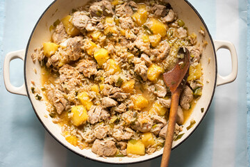 Wall Mural - Pork tenderloin stir fry with scallions and pineapple 