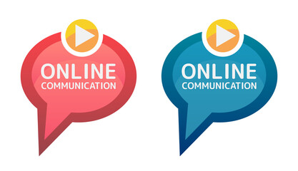 Poster - Online communication icon. Vector red and blue icons of online chat isolated on white background. Online conversation, meeting, conference, video communication. Speech bubble with a play icon.