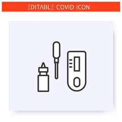 Express antibody test kit line icon.Rapid covid19 blood test.Pipette, reagent bottle and finger stick for antibody test. Flu, covid diagnostics equipment. Isolated vector illustration.Editable stroke 