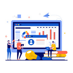 Perfomance monitoring concept with character. People are building a business project and monitor chart on the Internet. Modern flat style for landing page, mobile app, infographics, hero images