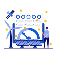 Poster - energy analysis concept with character. people analyzing power data. future energy with solar cell a