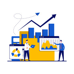 Poster - Business analysis expert concept with character. Businessman consults, makes financial research, reports online data analysis. Modern flat style for landing page, infographics, hero images