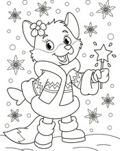 Coloring Page Outline Of Cartoon Smiling Cute Fox With Christmas Star. Colorful Vector Illustration, Winters Coloring Book For Kids.