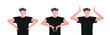Men athletes in a T-shirt. Posing. Hands, torso, head. The character. Hands on the waist, hands up, hands clap their hands. Unique vector illustration. 