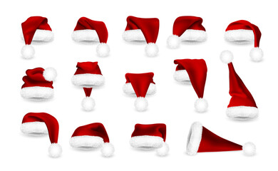 Wall Mural - Realistic set of Red Santa Claus hats isolated on white background. Gradient mesh Santa Claus cap with fur. Vector illustration