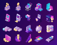 Isometric Finance Icons With Money, Bank, Cards And Atm. Vector Set Of Economic Signs Of Credit, Payment, Currency And Investment. Coins With Dollar And Euro Symbols, Casino, Gift And Smartphone App