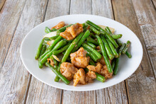 A View Of A Plate Of Green Bean Chicken.