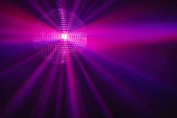 Wall Mural - disco ball background with purple shiny rays