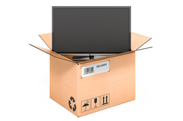 Poster - TV set inside cardboard box, delivery concept. 3D rendering