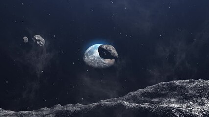 Wall Mural - giant asteroid and meteors heading to planet earth 3d rendering cinematic vision, outer space view