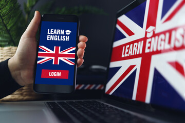 Learning foreign languages online. Woman holding smartphone with app for studying English on screen, copy space