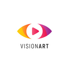 Poster - Abstract eye isolated icon on white background. Modern film and cinema flat colorful cartoon style vector logo concept. Play button for digital technology and media