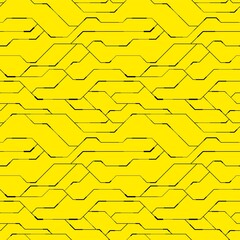 Wall Mural - Seamless technology pattern. Geometric techno design. Abstract vector background in yellow and black color.