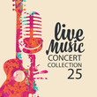 © paseven - Poster for a live music concert with a bright abstract guitar, microphone and lettering on a light background in retro style. Suitable for vector banner, flyer, invitation, ticket, advertisement