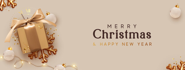 Poster - Christmas banner. Background Xmas design of realistic brown gift box, golden 3d render snowflake and glitter gold confetti, bauble ball. Horizontal christmas poster, greeting card, headers for website