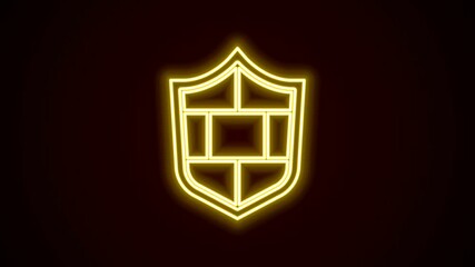 Poster - glowing neon line shield with cyber security brick wall icon isolated on black background. data prot
