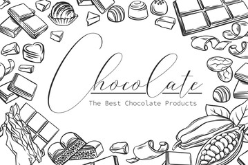 Wall Mural - Chocolate products layout, outline vector illustration in sketch style with lettering for confectionery store