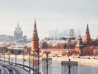 Panorama view on Kremlin, skyscrapers and Moscow-river. Winter sunset in Moscow, Russia.