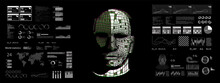 AI System In Hologram Human Head With HUD Display Elements. Artificial Intelligence For VR With Tech Shapes HUD, GUI, UI. Biometric Technology, Face Recognition Systems. Vector Illustration