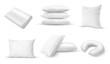 © Vector Tradition - White pillows of different shapes. Blank square and rectangular form pillows, orthopedic and neck cushions for bedroom and travel. Realistic 3d vector mockup, home textile accessories for sleeping set