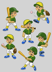 set cartoon of asian boy baseball player