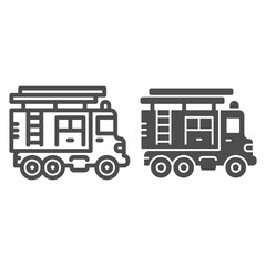 Poster - Fire truck with ladder line and solid icon, heavy equipment concept, Firetruck sign on white background, fire engine icon in outline style for mobile concept and web design. Vector graphics.