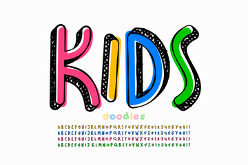 Wall Mural - Kids doodles style font, four sides 3d alphabet letters and numbers vector illustration