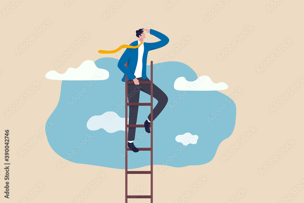 Ladder of success, vision to lead business to achieve goal or opportunity in career concept, smart confident businessman leader climb up to reach top of ladder high in the sky look forward to future. - obrazy, fototapety, plakaty 