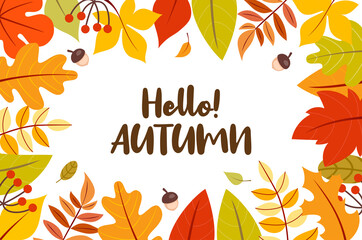Wall Mural - Hello! Autumn frame background vector illustration. Fall Foliage leaves frame border design on white background with copy space