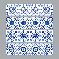  Set of azulejos portuguese traditional ornamental tile borders, blue and white pattern