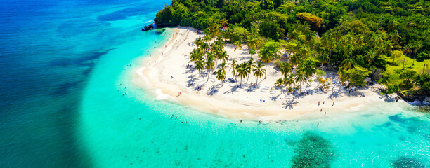 vacation background. travel concept. aerial drone view of beautiful caribbean tropical island with p