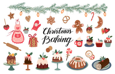Wall Mural - christmas baking, a collection with seasonal winter desserts, muffins, cookies, gingerbread, rolls, 