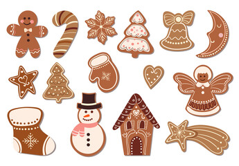 Wall Mural - christmas sweets collection with decorative gingerbread isolated on white, hand drawn design, vector