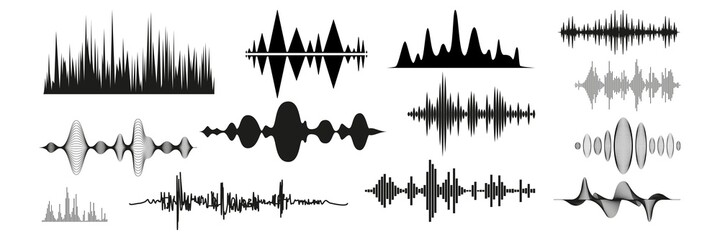 Realistic sound waves set. Collection of audio different frequency radio music signals. Illustration of digital equalizer technologies and pulsing lines or voice recording beats vibrations mockup.