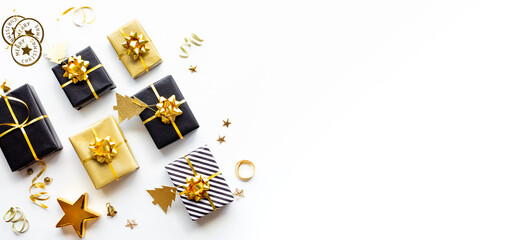 Wall Mural - merry christmas,xmas and new year celebration concepts with gift box and ornament in black and golde