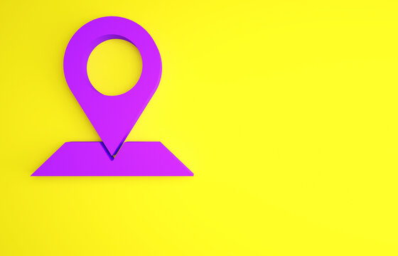 Purple Map pin icon isolated on yellow background. Navigation, pointer, location, map, gps, direction, place, compass, search concept. Minimalism concept 3d illustration 3D render