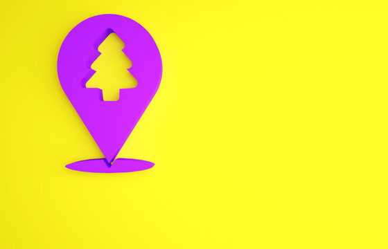 Purple Location of the forest on a map icon isolated on yellow background. Minimalism concept. 3d illustration 3D render.